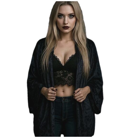 Free People Black Velvet Kimono Jacket Open Boho Witchy Whimsigoth fairy S Baggy - Picture 1 of 12